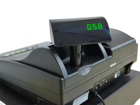 KOLMAN LF500 POS system with thermal printer, 192x64 LCD operator display, and 8-digit LED customer display for retail and restaurant use.