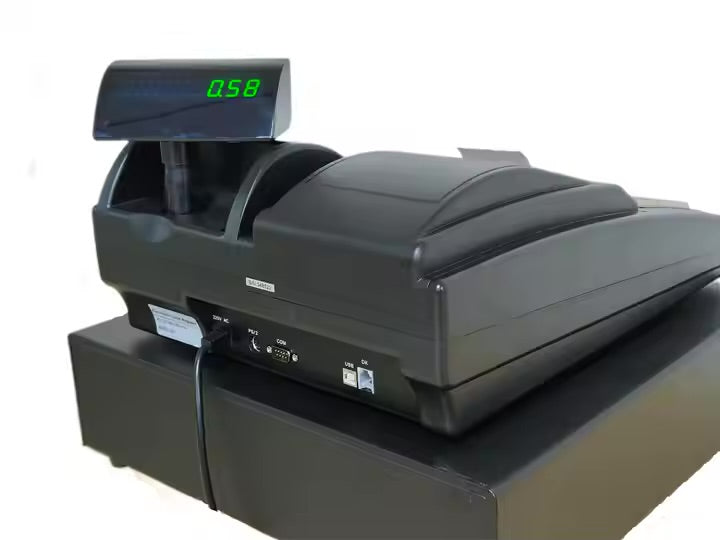 KOLMAN LF500 POS system with thermal printer, 192x64 LCD operator display, and 8-digit LED customer display for retail and restaurant use.