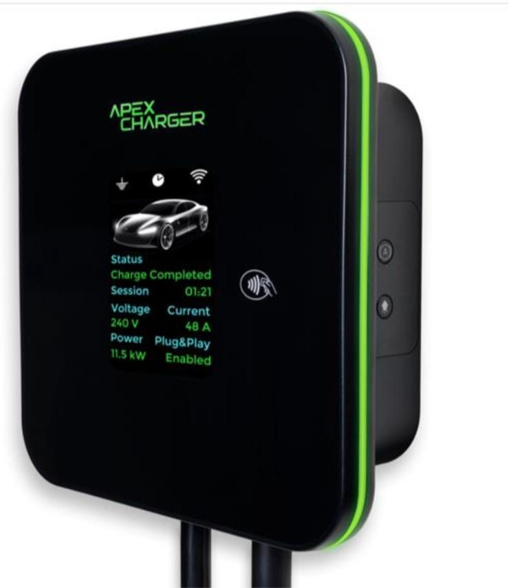 Apex Mech 2 Tesla Charger with 30 ft cable, RFID access control, weatherproof design, and PRO 1 J-1772 to Tesla adapter for ultra-fast EV charging