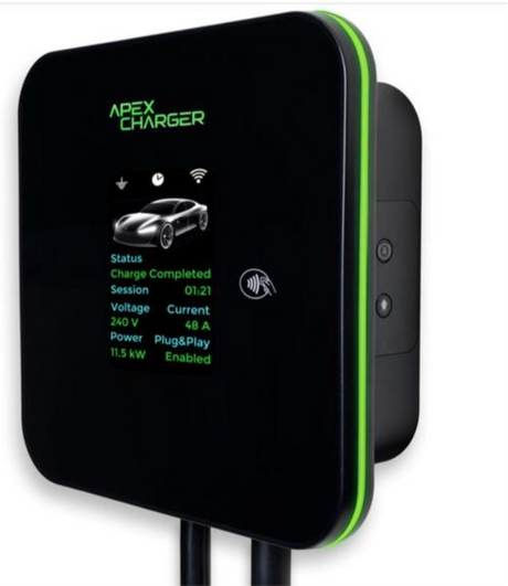 Apex Mech 2 Tesla Charger with 30 ft cable, RFID access control, weatherproof design, and PRO 1 J-1772 to Tesla adapter for ultra-fast EV charging