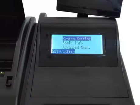 KOLMAN LF500 POS system with thermal printer, 192x64 LCD operator display, and 8-digit LED customer display for retail and restaurant use.