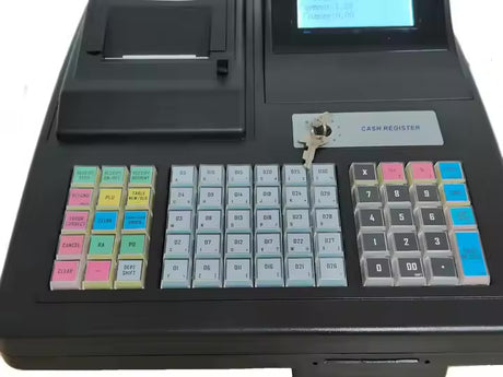 KOLMAN LF500 POS system with thermal printer, 192x64 LCD operator display, and 8-digit LED customer display for retail and restaurant use.