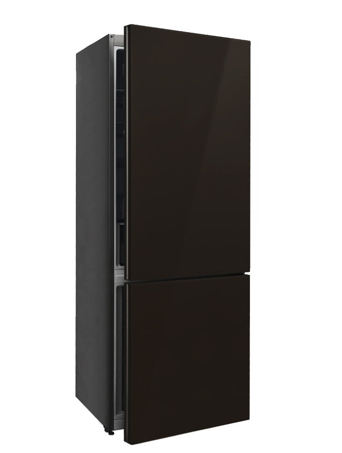 BM70TB – Black glass bottom mount refrigerator with LED screen, no-frost cooling, wine rack, and twist ice maker.