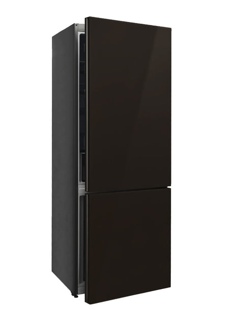 BM70TB – Black glass bottom mount refrigerator with LED screen, no-frost cooling, wine rack, and twist ice maker.