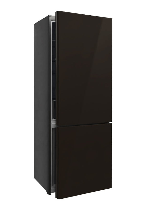 BM70TB – Black glass bottom mount refrigerator with LED screen, no-frost cooling, wine rack, and twist ice maker.
