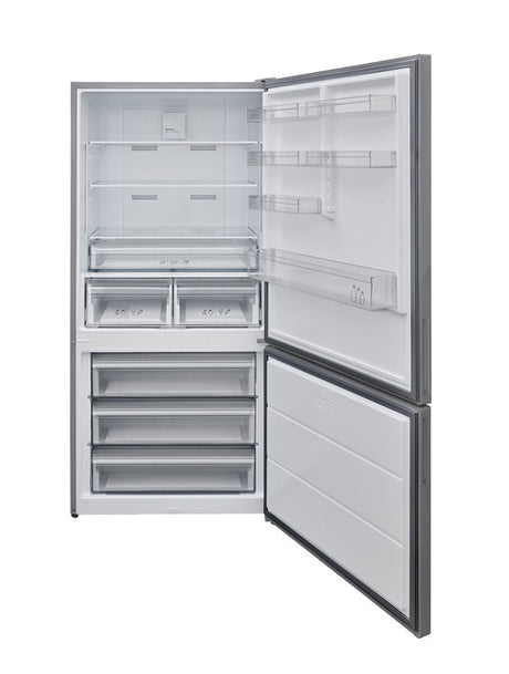BM84TX – Stainless steel bottom mount refrigerator with no-frost cooling, LED screen, wine rack, twist ice maker, and inverter compressor.
