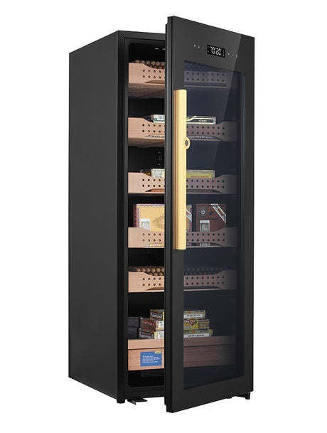 CH1200 – High-end cigar humidor with full glass front, cedar wood interior, fingerprint lock, and temperature & humidity control.