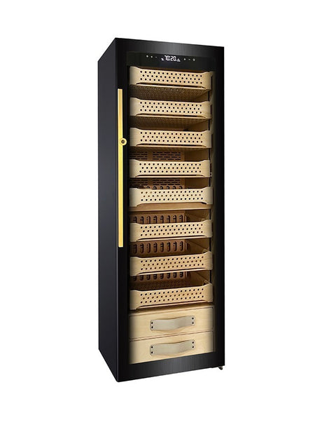 CH1500 – High-end cigar humidor with full glass front, cedar wood interior, fingerprint lock, and temperature & humidity control.