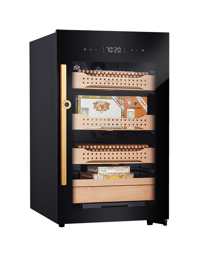 CH850 – High-end cigar humidor with full glass front, cedar wood interior, fingerprint lock, and temperature & humidity control.