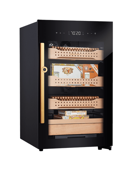 CH850 – High-end cigar humidor with full glass front, cedar wood interior, fingerprint lock, and temperature & humidity control.