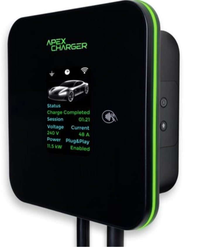 Apex Mech 2 Tesla Charger with 30 ft cable, RFID access control, weatherproof design, and PRO 1 J-1772 to Tesla adapter for ultra-fast EV charging
