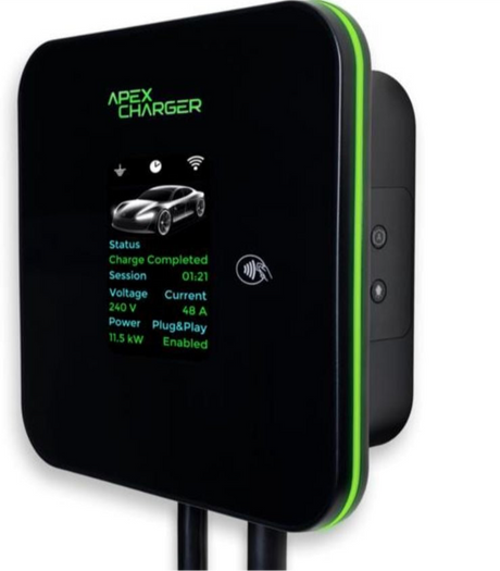 Apex Mech 2 Tesla Charger with 30 ft cable, RFID access control, weatherproof design, and PRO 1 J-1772 to Tesla adapter for ultra-fast EV charging