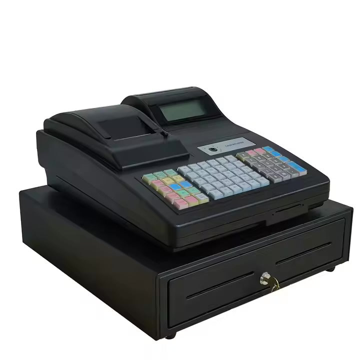 KOLMAN LF500 POS system with thermal printer, 192x64 LCD operator display, and 8-digit LED customer display for retail and restaurant use.