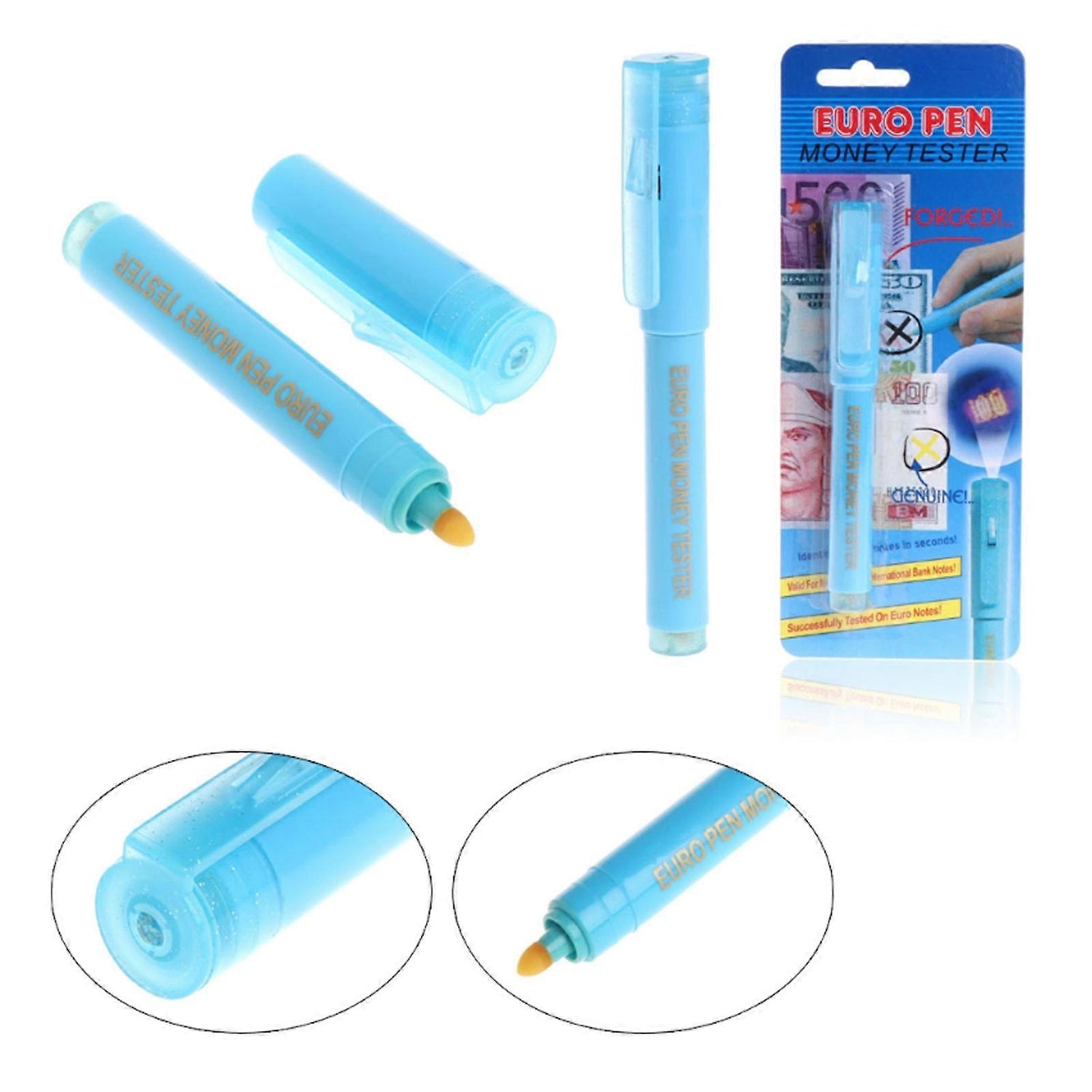 Euro Pen Money Tester with UV light, anti-counterfeit detector, and blue color design