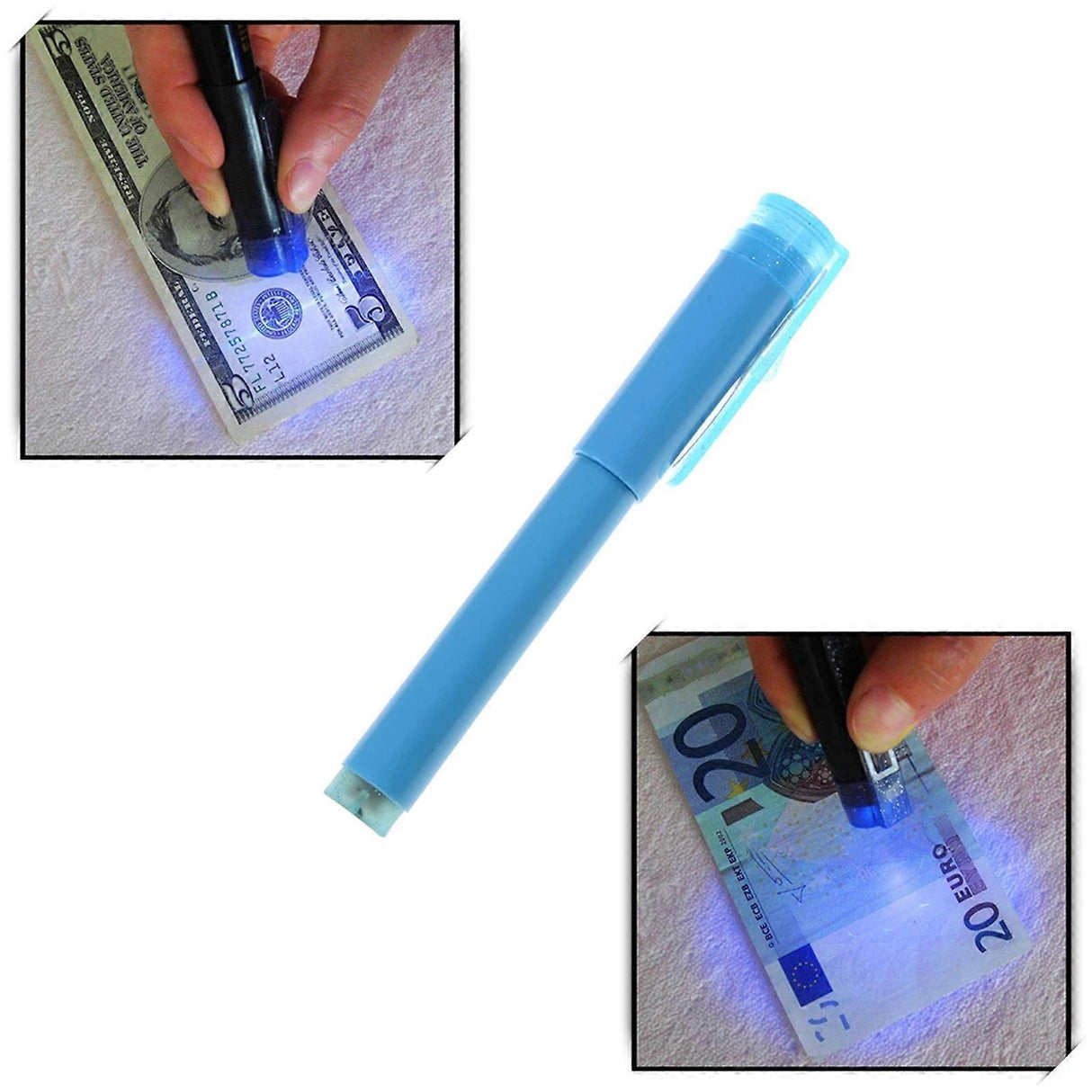 Euro Pen Money Tester with UV light, anti-counterfeit detector, and blue color design