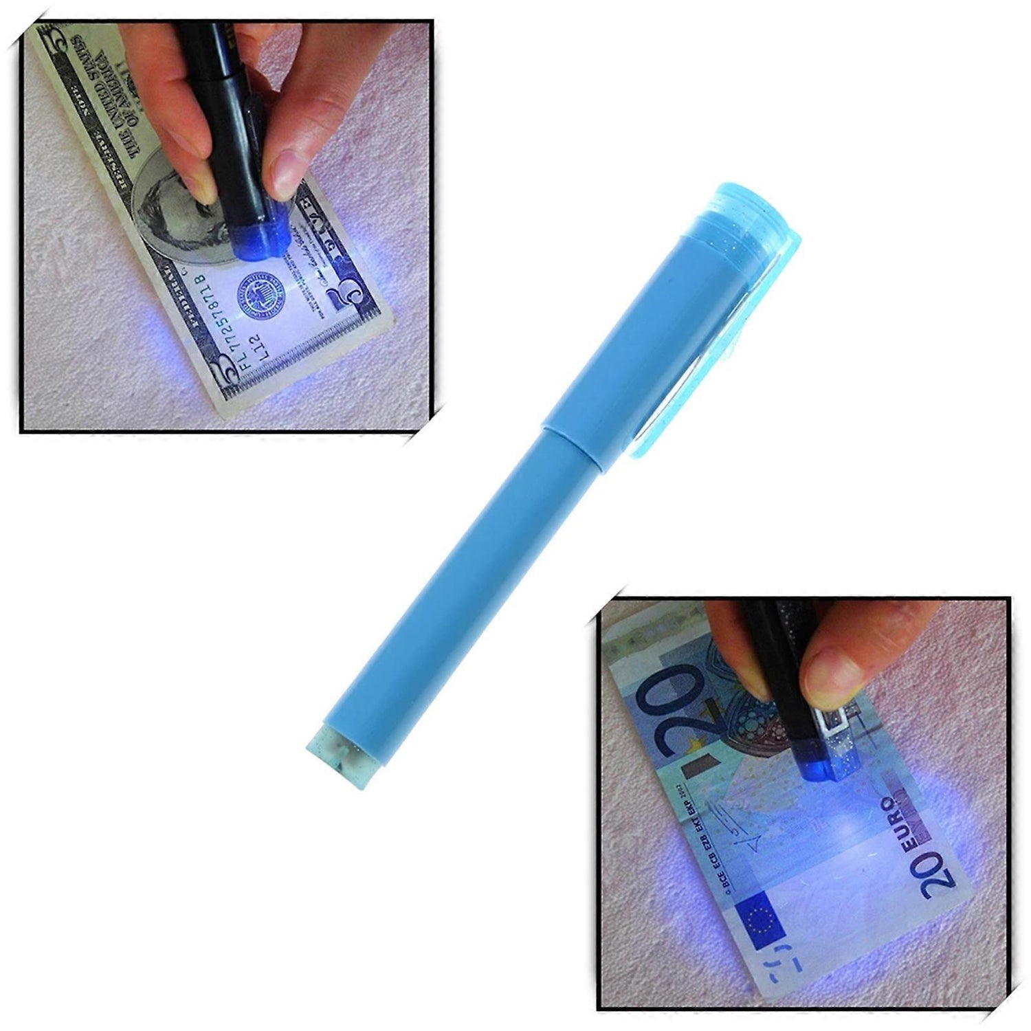 Euro Pen Money Tester with UV light, anti-counterfeit detector, and blue color design