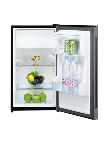 FR160BG – Compact black glass single door refrigerator with can dispenser, laminated tabletop, and reversible door.