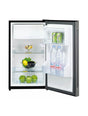 FR160BG – Compact black glass single door refrigerator with can dispenser, laminated tabletop, and reversible door.