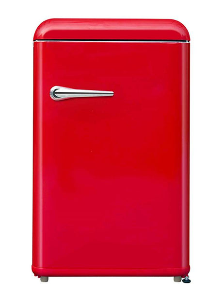 FR180VR – Vintage retro refrigerator with freezer compartment, mechanical control, retro metal handle, and red finish.