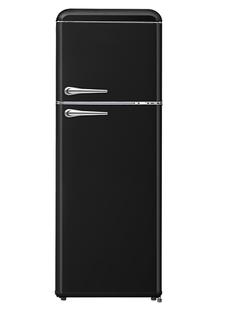 FR300VB – Vintage retro 2-door refrigerator with freezer compartment, mechanical control, retro metal handle, and black finish.