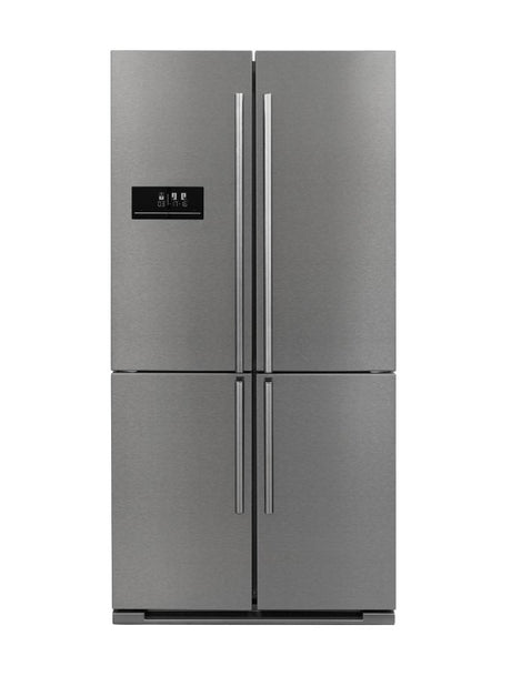 FR4084TX – Quattro 4-Door French Bottom Mount Refrigerator with stainless steel finish, inverter compressor, and chiller drawer for meat & fish.