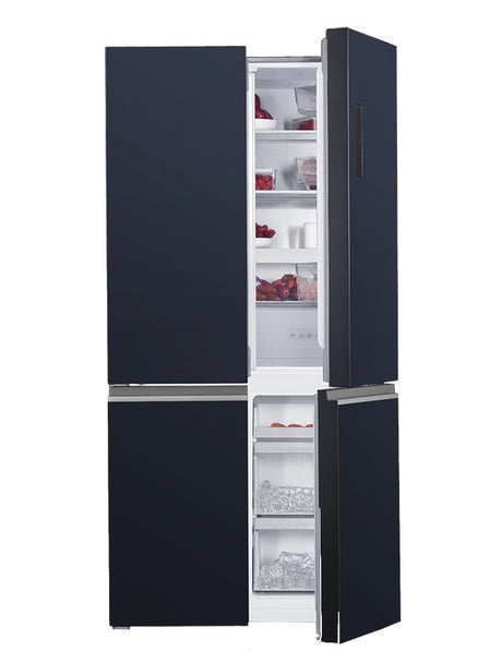 FR4091GB – 4-Door Black Glass French Bottom Mount Refrigerator with dual chiller drawers, convertible freezer, inverter compressor, and LTC sterilizer.