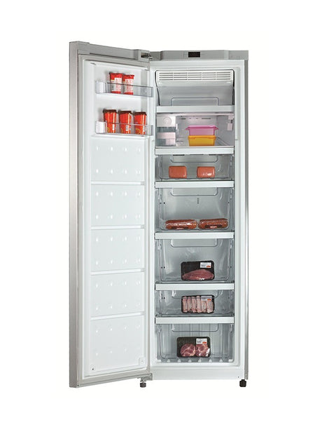 FRZ500TX – 360L stainless steel no frost freezer with 5 drawers, 2 flaps, LED light, reversible door, and digital display panel.