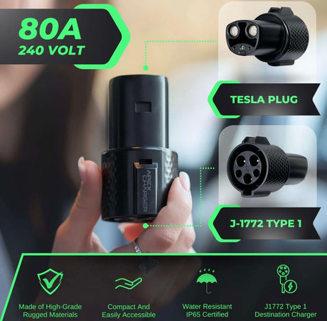 ApexCharger PRO 1 J-1772 to Tesla Adapter for Level 2 Charging, 80A, 14kW, 250V, Compatible with Tesla Model 3, Model S, Model Y, Model X, Roadster, and Cybertruck