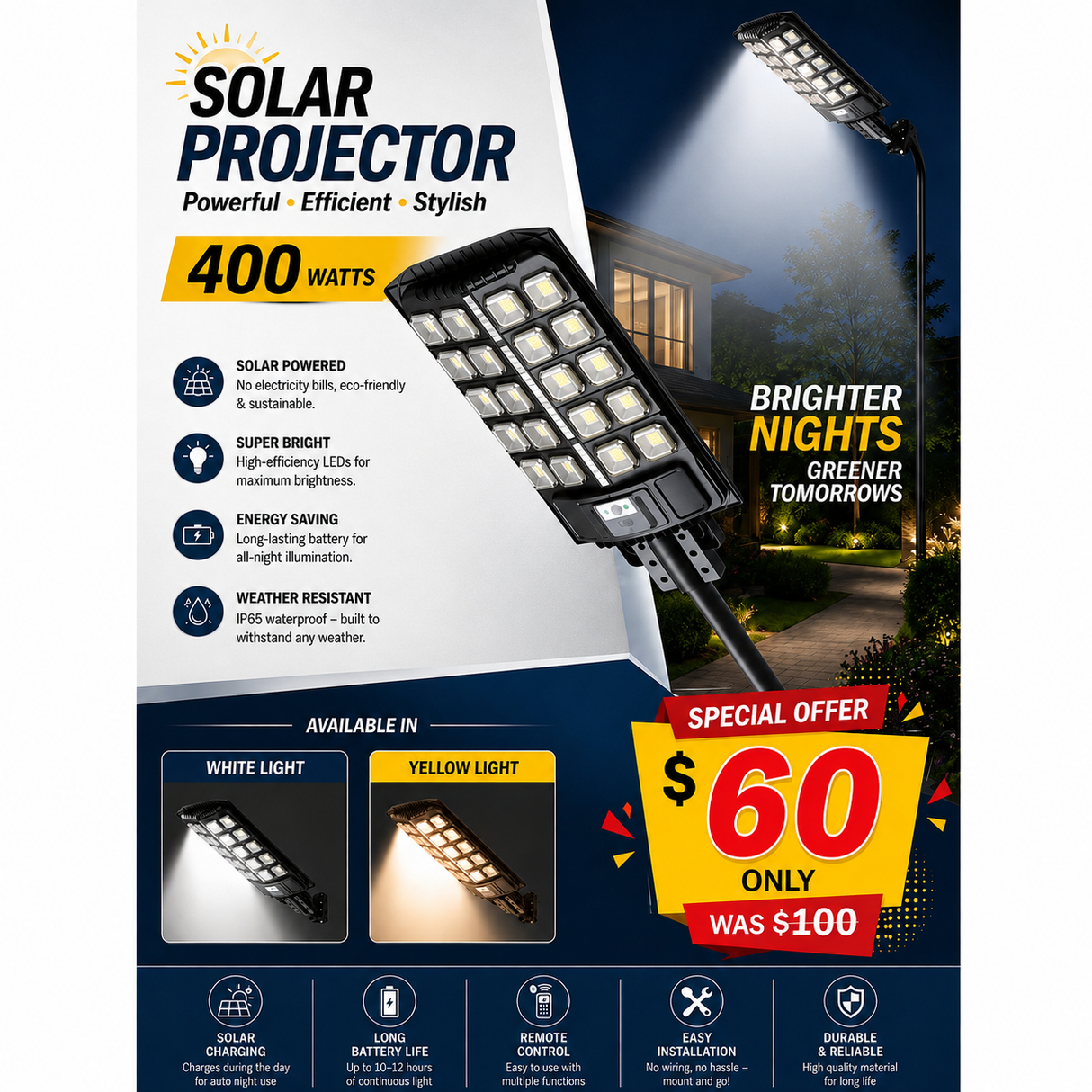 Projector Rechargeable Street Yellow or White Light
