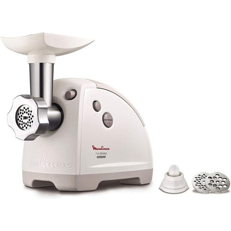 Moulinex HV8 Mincer 2000w meat grinder with kebbe accessory, fine and coarse screens, and self-sharpening knife, designed for high-efficiency performance and easy maintenance.