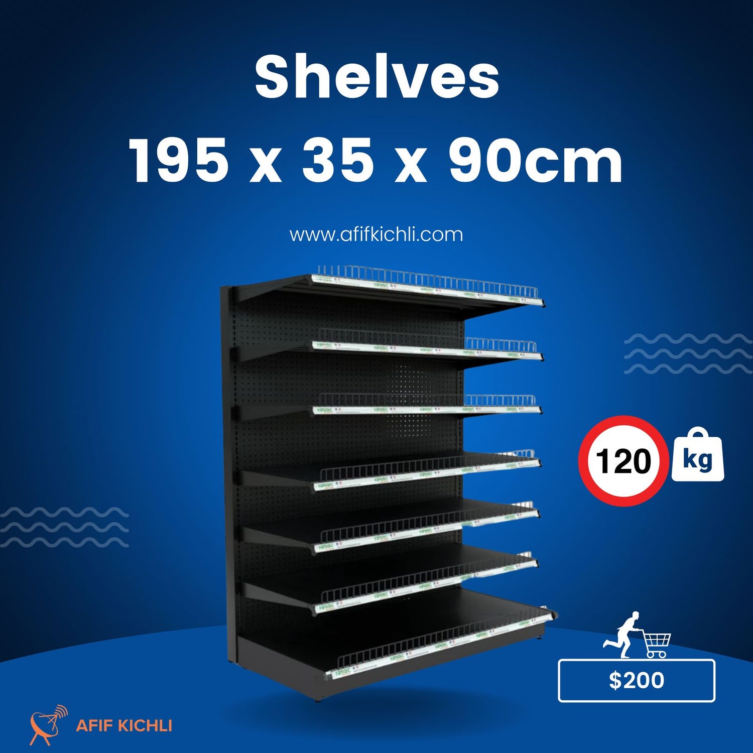 Wall single supermarket shelves 120kg load 195cm