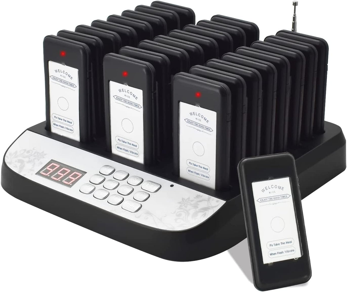 Wireless Pager System Food Buzzer- 30 Guest Queue Call Buzzers for Restaurants & Cafes
