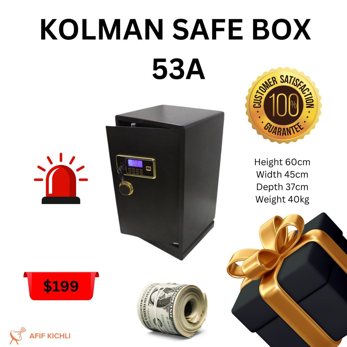 KOLMAN Safe 53BN - Key & Digital Code Locks, Battery Backup
