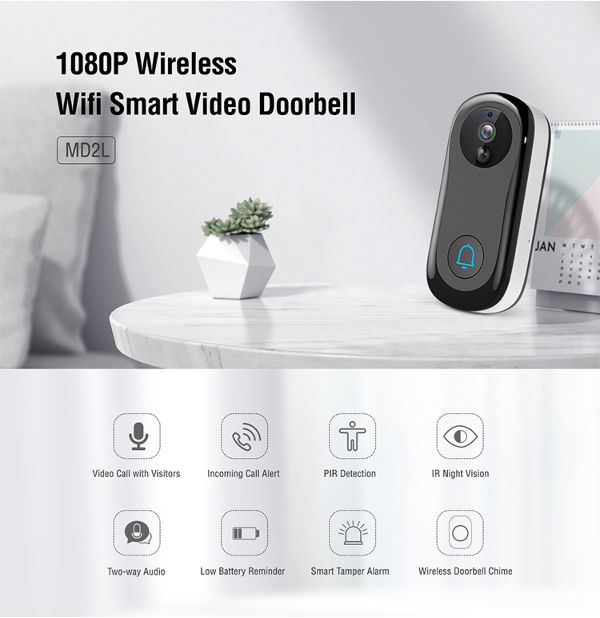 Home Video Doorbell Camera Wireless Wifi 1080p Doorbell with IR Night Vision Two-way Audio