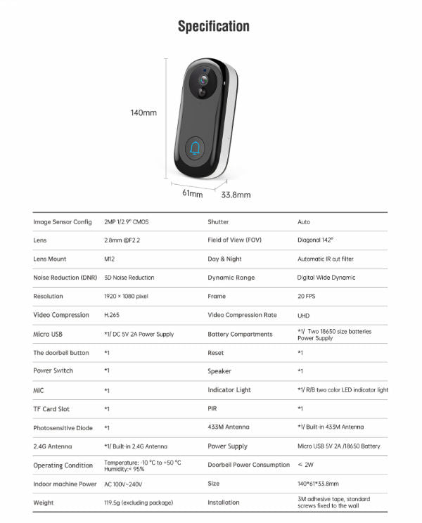 Home Video Doorbell Camera Wireless Wifi 1080p Doorbell with IR Night Vision Two-way Audio