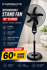 Campomatic Rechargeable Stand Fan – 18" 9-Speed, with LED Lights & Timer