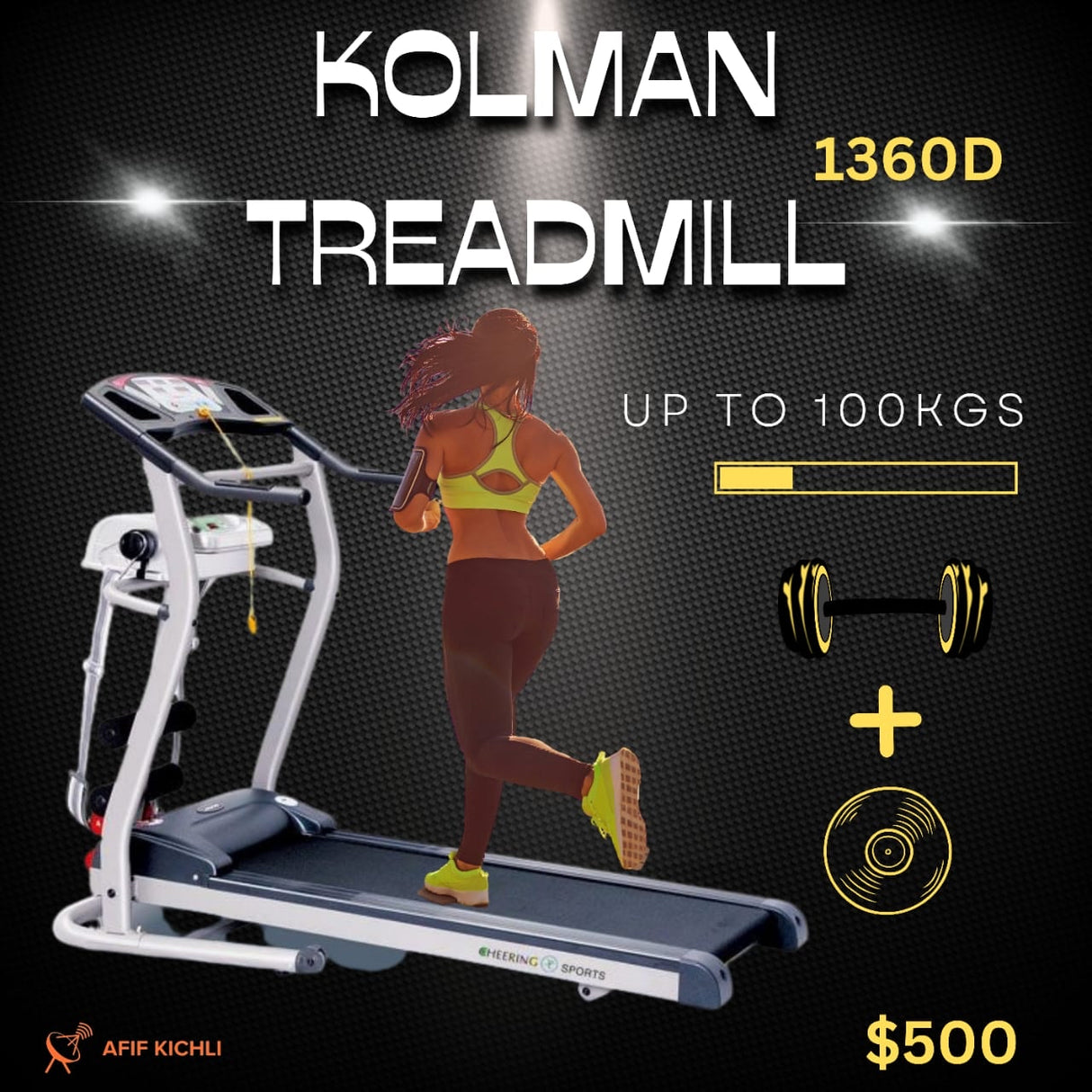 KOLMAN Treadmill 1360D with Vibrating Belt - 15-22 km/h, Multifunctional, Foldable, Pulse Control, and Massage Features.