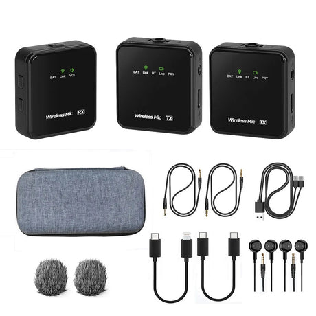 Lavalier Wireless Microphone with Dual Transmitters, Charging Cables, and Wind Muffs for Smartphone & Camera Recording