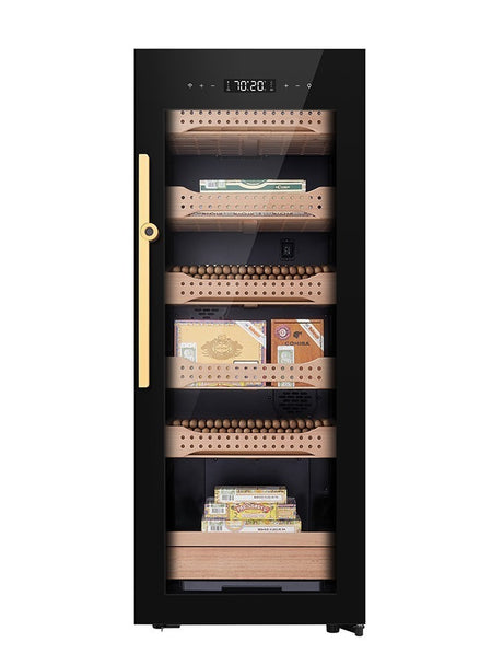 CH1200 – High-end cigar humidor with full glass front, cedar wood interior, fingerprint lock, and temperature & humidity control.