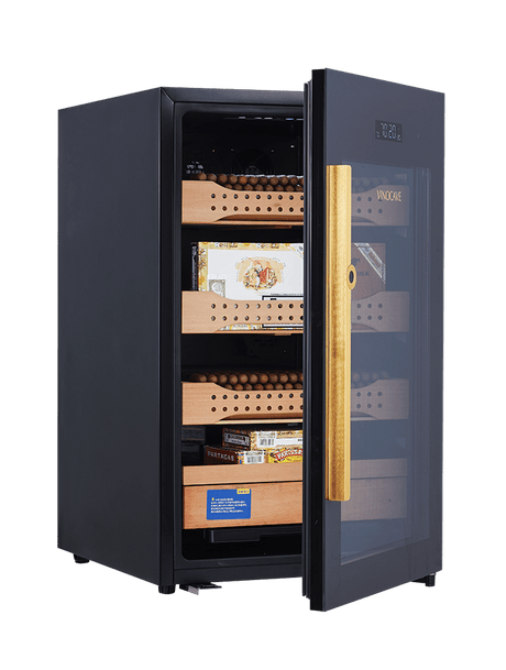CH850 – High-end cigar humidor with full glass front, cedar wood interior, fingerprint lock, and temperature & humidity control.