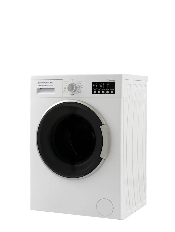 Campomatic WM10TW Front Load Washer – 10kg Capacity, 1200 RPM, Titanium Drum, LED Display, Black Door with Silver Frame