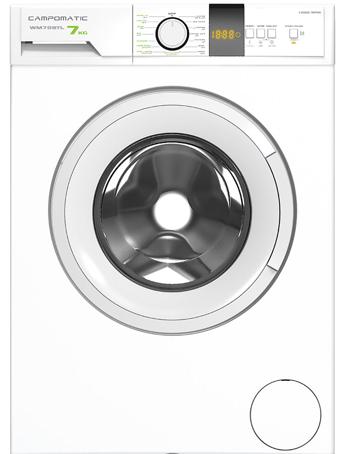 Campomatic WM709TL Front Load Washer – 7kg Capacity, 1000 RPM, Digital Display, White Door, Eco Wash, Hand Wash, Mixed