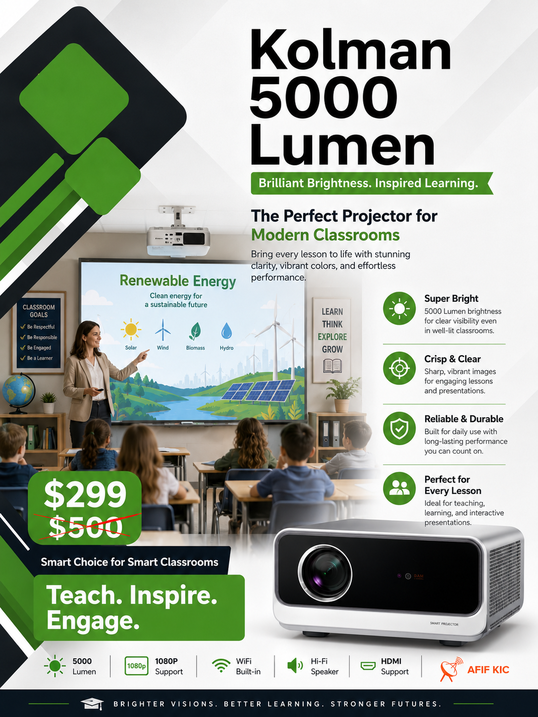 KOLMAN 5000 Lumen Projector - High-Quality Image with LED Technology for University and School classrooms