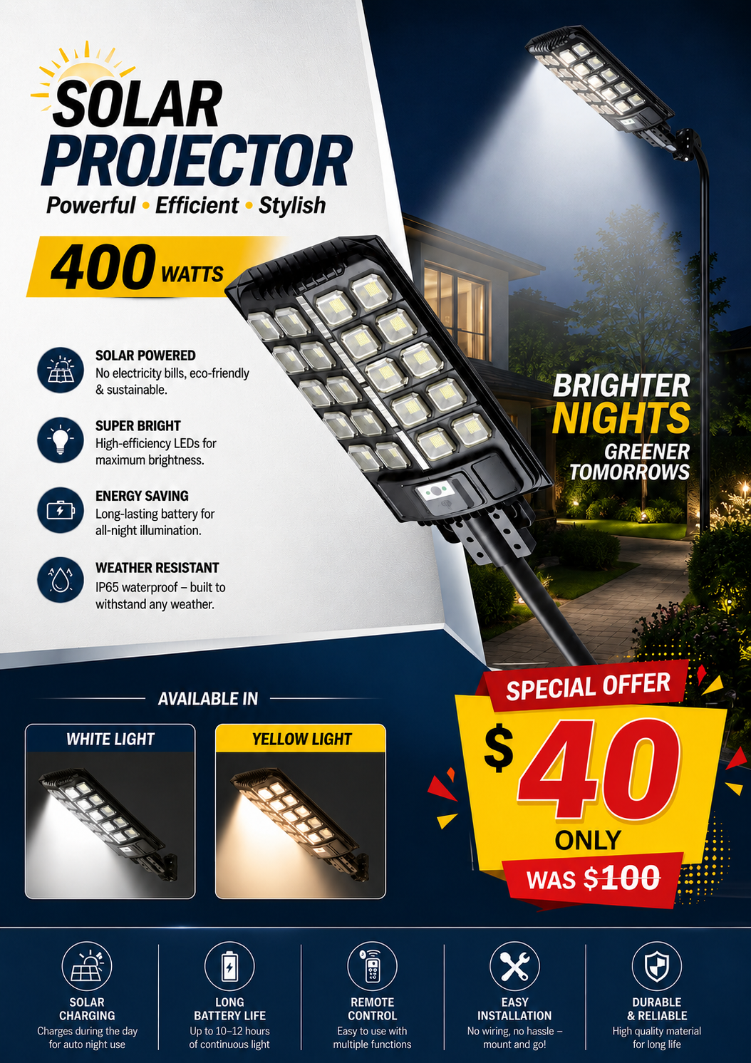 Projector Rechargeable Street Yellow or White Light