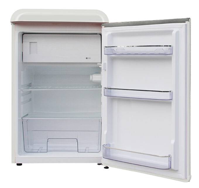 FR180VB – Vintage retro refrigerator with freezer compartment, mechanical control, retro metal handle, and black finish.