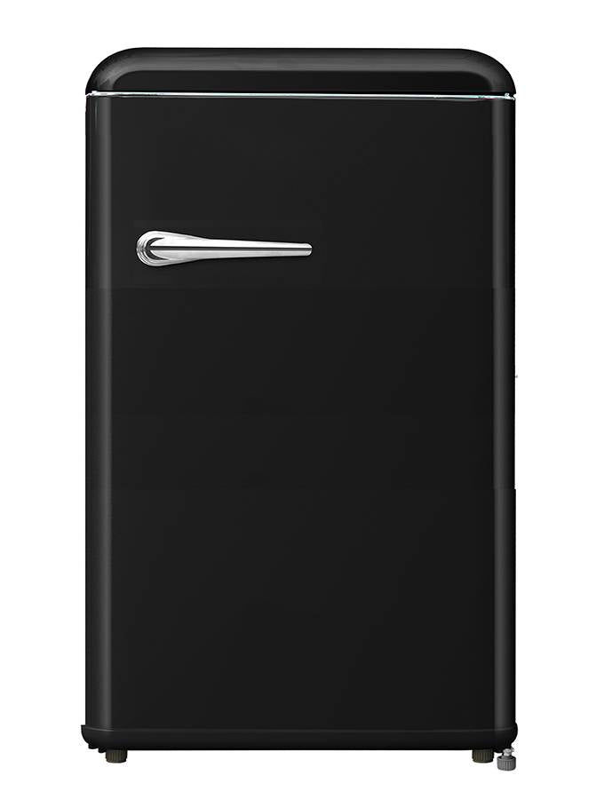 FR180VB – Vintage retro refrigerator with freezer compartment, mechanical control, retro metal handle, and black finish.