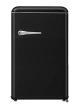 FR180VB – Vintage retro refrigerator with freezer compartment, mechanical control, retro metal handle, and black finish.