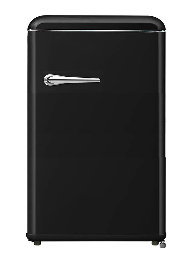 FR180VB – Vintage retro refrigerator with freezer compartment, mechanical control, retro metal handle, and black finish.