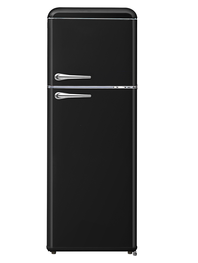 FR300VB – Vintage retro 2-door refrigerator with freezer compartment, mechanical control, retro metal handle, and black finish.