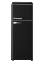 FR300VB – Vintage retro 2-door refrigerator with freezer compartment, mechanical control, retro metal handle, and black finish.